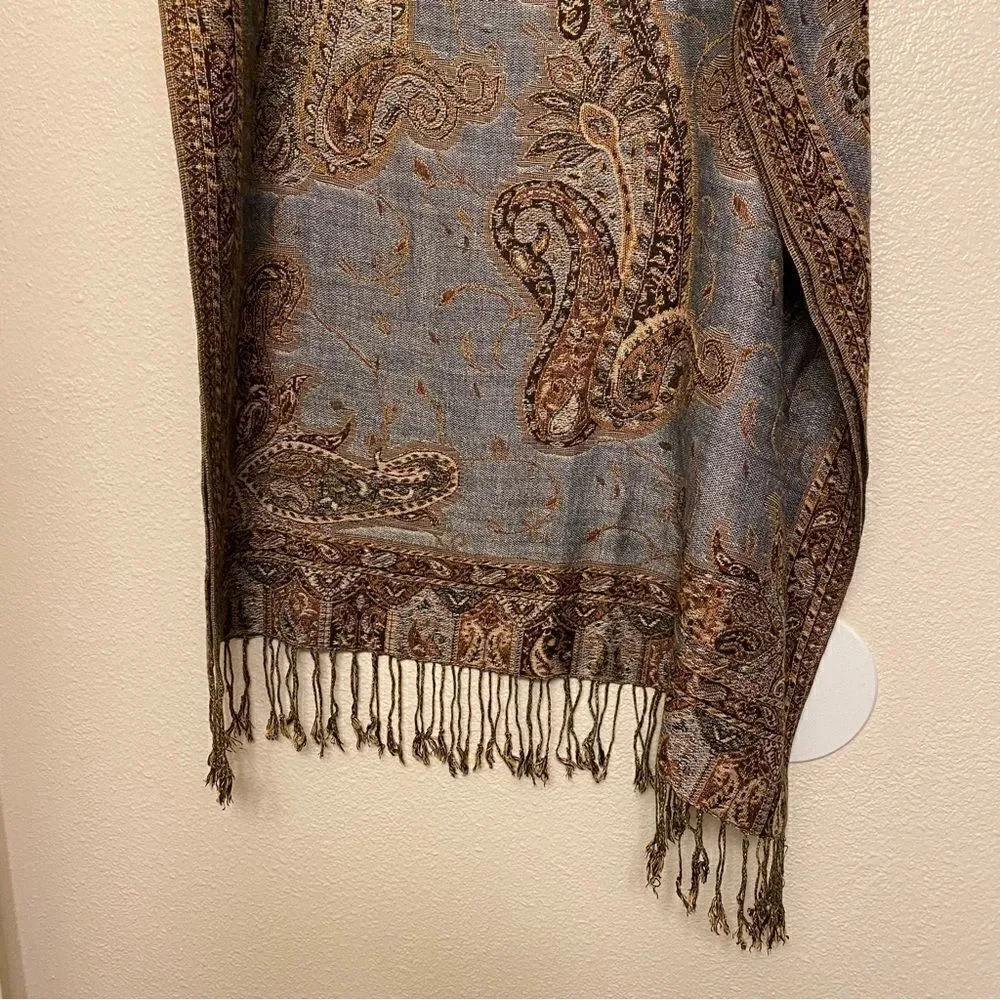 Light blue paisley embroidered scarf Cape wrap poncho shawl shrug fringe 74x28